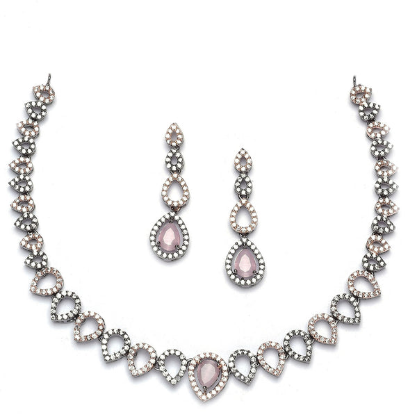 Rose Gold-Plated Gunmetal Toned Pink American Diamonds Studded Spheroid Necklace & Earrings Jewellery Set