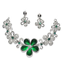 Rhodium-Plated Green American Diamonds Studded Floweret Necklace & Earrings Jewellery Set