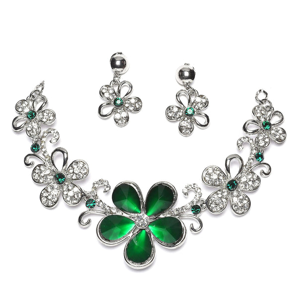 Rhodium-Plated Green American Diamonds Studded Floweret Necklace & Earrings Jewellery Set