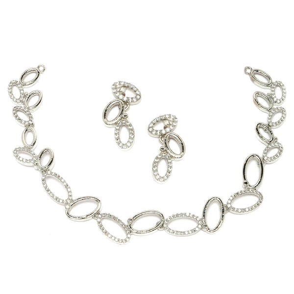 Rhodium-Plated White American Diamond Studded Oval Shaped Necklace with Earrings Jewellery Set