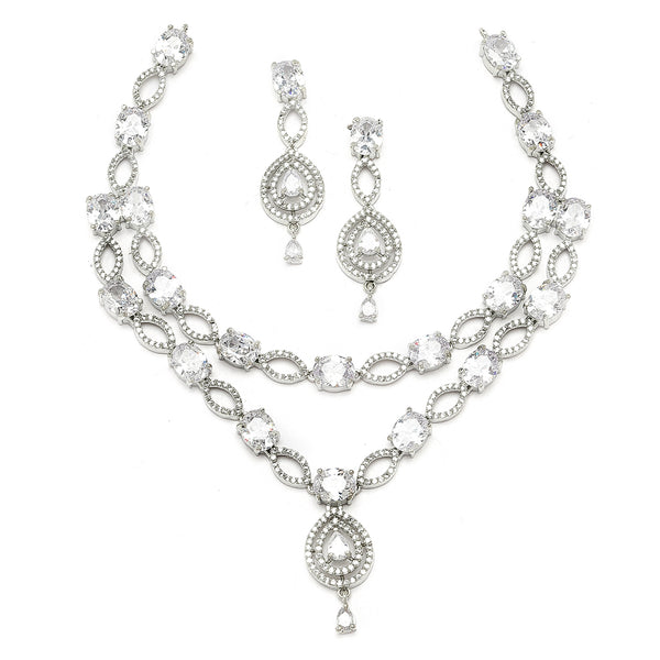 Rhodium-Plated White American Diamond Studded Abstract Necklace & Earrings Jewellery Set