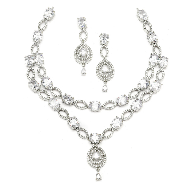 Rhodium-Plated White American Diamond Studded Abstract Necklace & Earrings Jewellery Set