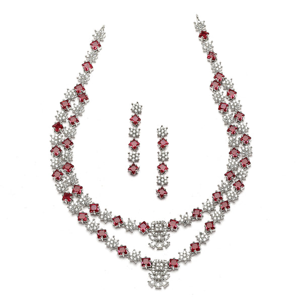 Rhodium-Plated Red American Diamond Studded Star Shaped Layered Necklace & Earrings Jewellery Set