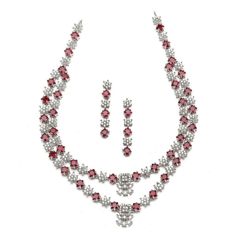 Rhodium-Plated Red American Diamond Studded Star Shaped Layered Necklace & Earrings Jewellery Set