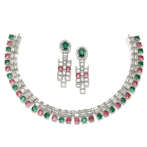 Rhodium-Plated Red & Green Round Shape American Diamonds Studded Necklace & Earrings Jewellery Set