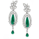 Rhodium-Plated Green & White American Diamond studded Handcrafted Teardrop Shaped Drop Earrings
