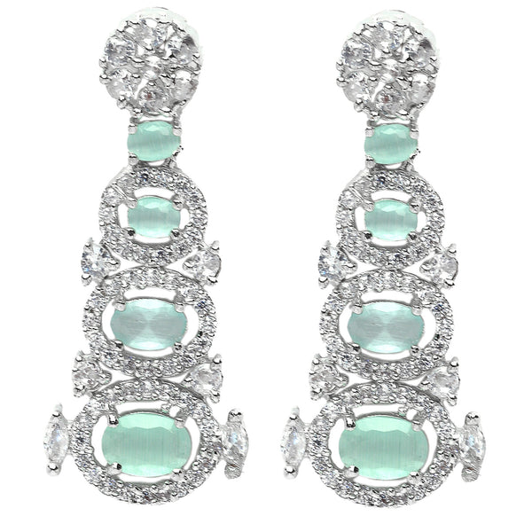 Rhodium-Plated Sea Green American Diamond studded Quirky Shaped Drop Earrings