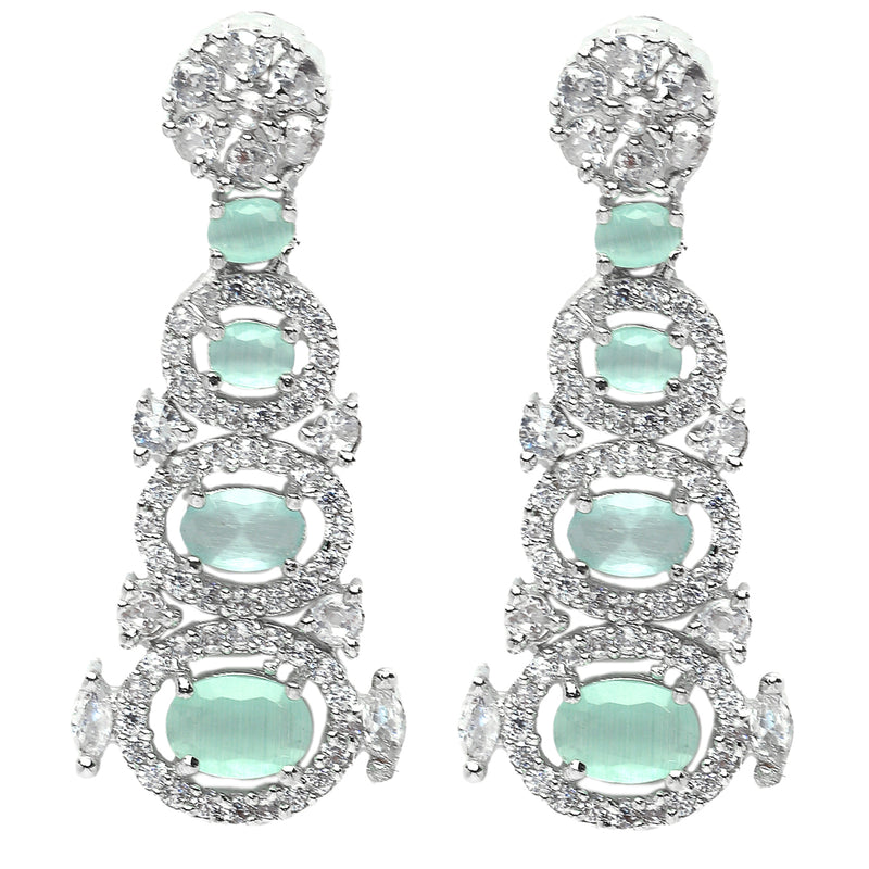 Rhodium-Plated Sea Green American Diamond studded Quirky Shaped Drop Earrings