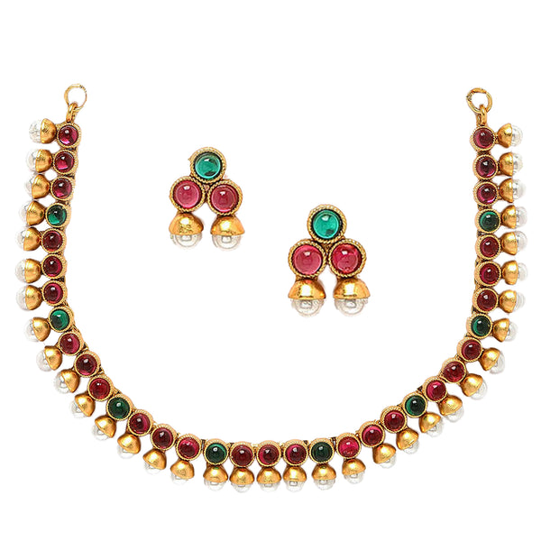 Gold-Plated Red & Green Cubic Zirconia White Pearls Studded Jewellery Set
