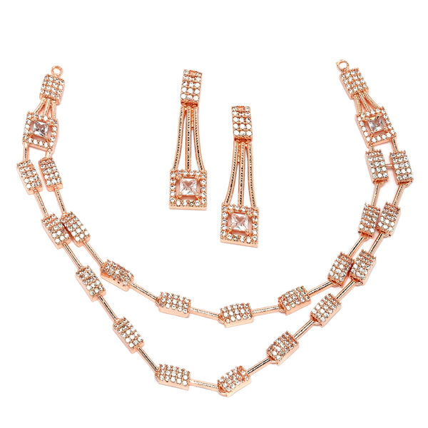 Rose Gold-Plated White American Diamond Studded Charismatic Necklace with Earrings Jewellery Set