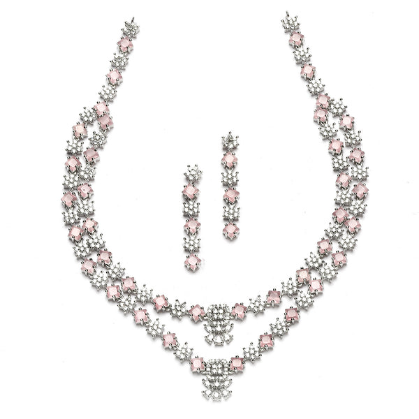 Rhodium-Plated Pink American Diamond Studded Star Shaped Layered Necklace & Earrings Jewellery Set