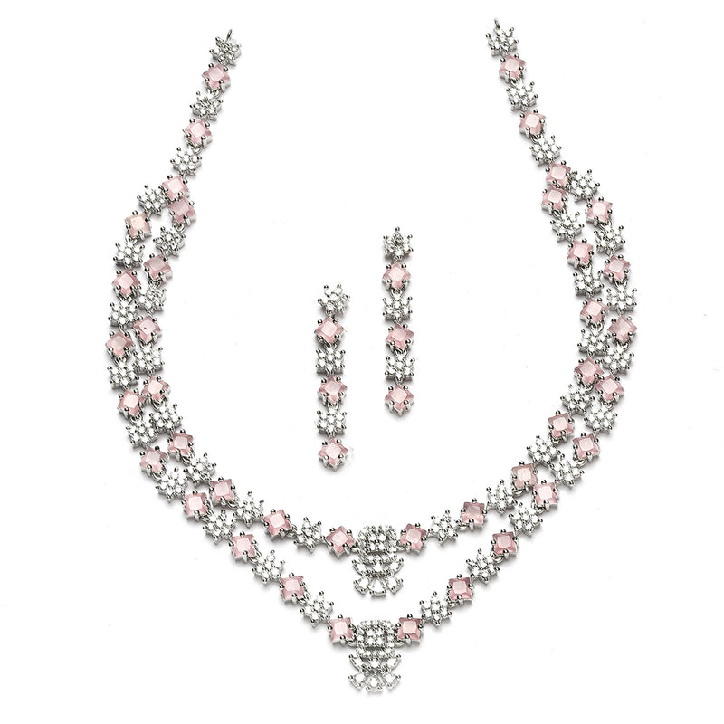 Rhodium-Plated Pink American Diamond Studded Star Shaped Layered Necklace & Earrings Jewellery Set