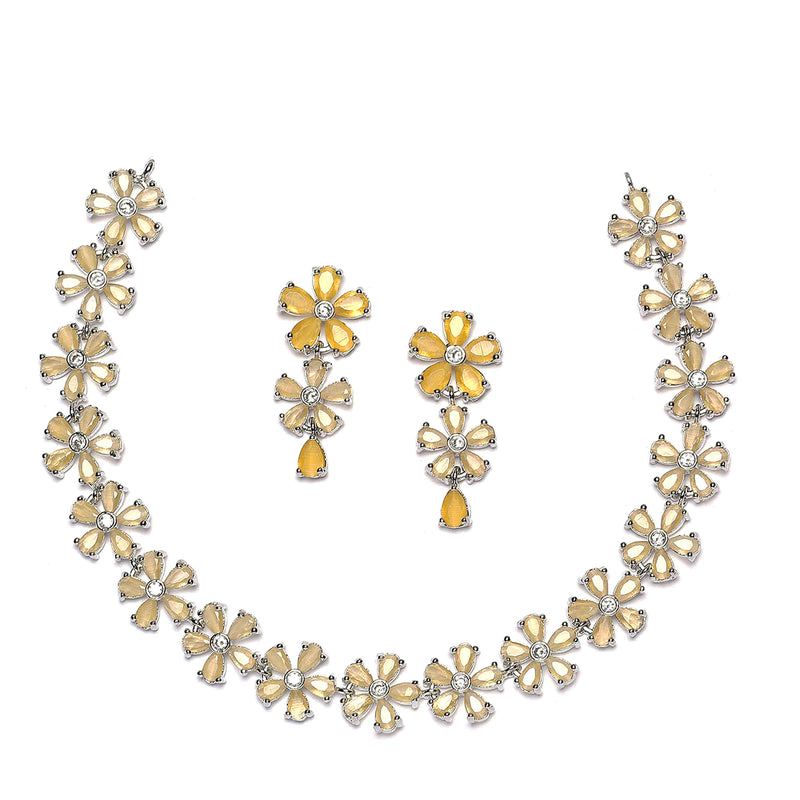 Rhodium-Plated Yellow American Diamonds Studded Floral Necklace & Earrings Jewellery Set