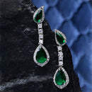 Rhodium-Plated Green & White American Diamond studded Teardrop Shaped Classic Drop Earrings