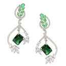 Rhodium-Plated Green American Diamond studded Square & Leaf Shaped Drop Earrings