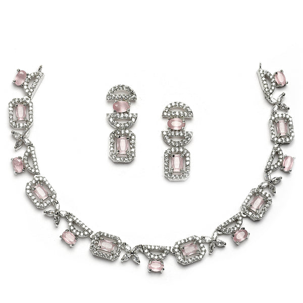 Rhodium-Plated Pink American Diamonds Studded Boxy Necklace & Earrings Jewellery Set