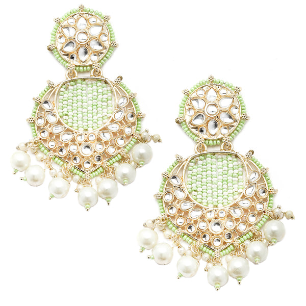 Gold-Plated Lime Green Beads White Pearls & Kundan studded Handcrafted Crescent Shaped Drop Earrings