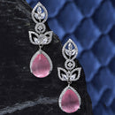 Rhodium-Plated Pink American Diamond studded Teardrop & Leaf Shaped Drop Earrings