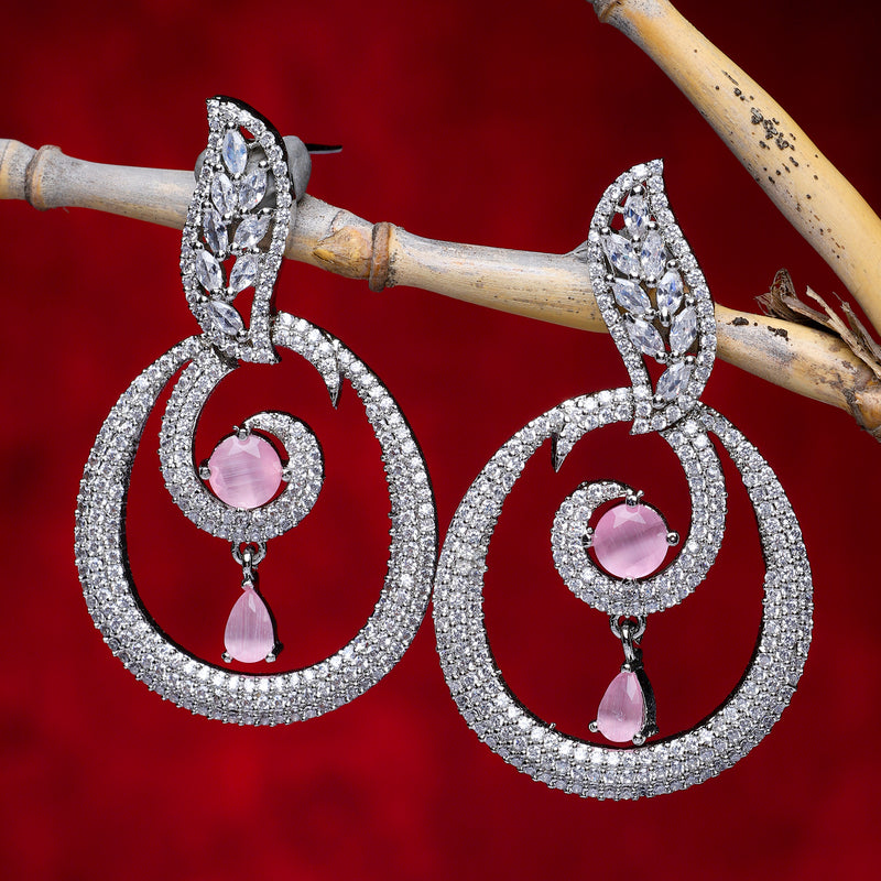 Rhodium-Plated Pink & White American Diamond studded Oval Shaped Drop Earrings
