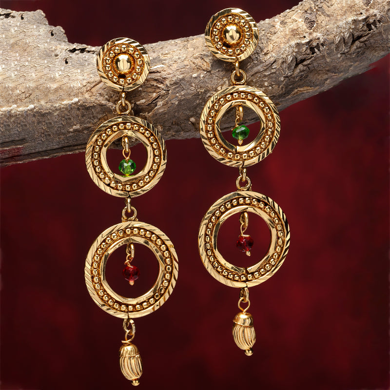 Gold-Plated Red & Green Cubic Zirconia studded Circular Shaped Drop Earrings