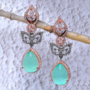 Rose Gold-Plated Gunmetal Toned Sea Green American Diamond Teardrop & Leaf Shaped Drop Earrings