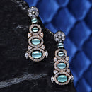 Rose Gold-Plated Gunmetal Toned Sea Green American Diamond studded Quirky Shaped Drop Earrings