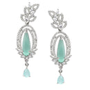 Rhodium-Plated Sea Green & White American Diamond studded Handcrafted Teardrop Shaped Drop Earrings