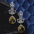 Rhodium-Plated Yellow American Diamond studded Teardrop & Leaf Shaped Drop Earrings