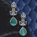 Rhodium-Plated Sky Blue American Diamond studded Teardrop & Leaf Shaped Drop Earrings