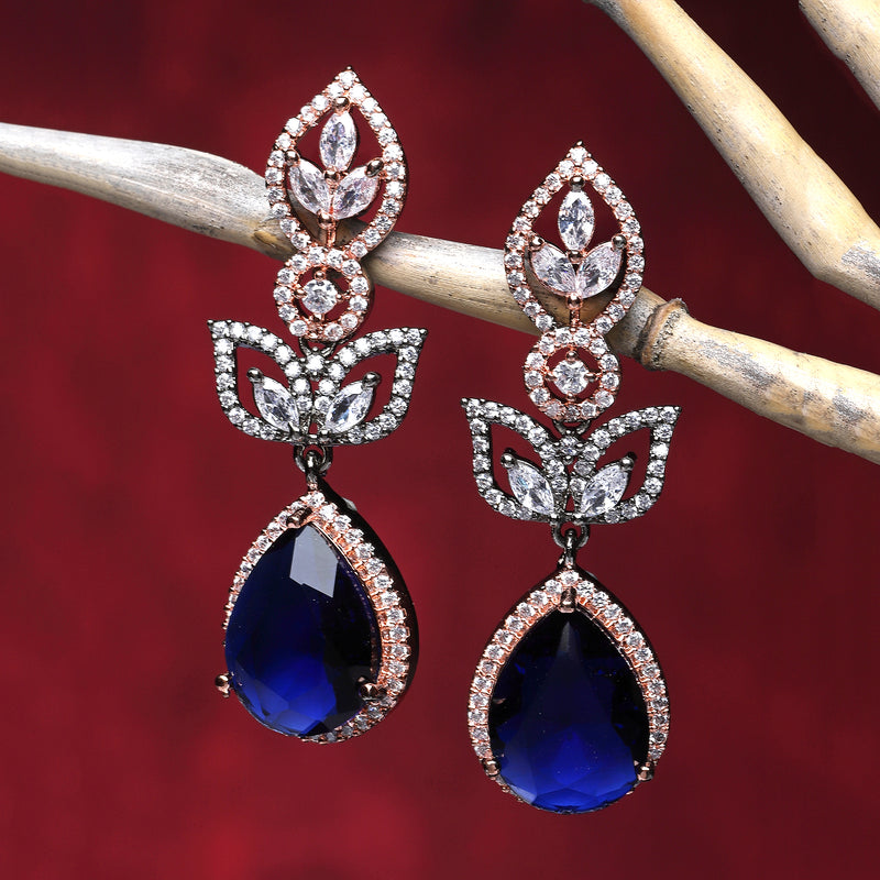 Rose Gold-Plated Gunmetal Toned Navy Blue American Diamond Teardrop & Leaf Shaped Drop Earrings