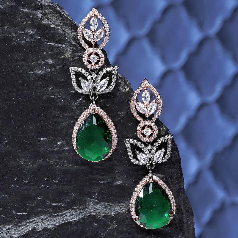 Rose Gold-Plated Gunmetal Toned Green American Diamond studded Teardrop & Leaf Shaped Drop Earrings