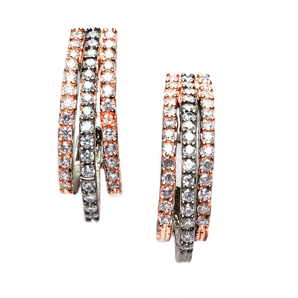 Rose Gold-Plated Gunmetal Toned White American Diamond studded Stud Earrings