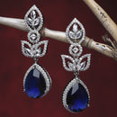 Rhodium-Plated Navy Blue American Diamond studded Teardrop & Leaf Shaped Drop Earrings