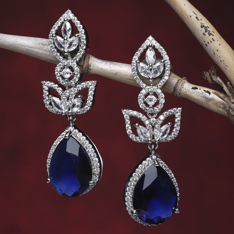 Rhodium-Plated Navy Blue American Diamond studded Teardrop & Leaf Shaped Drop Earrings