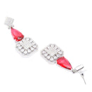 Rhodium-Plated Red & White American Diamond studded Square & Teardrop Drop Earrings