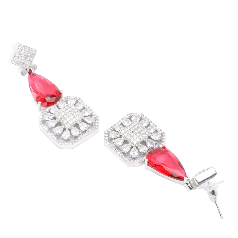Rhodium-Plated Red & White American Diamond studded Square & Teardrop Drop Earrings