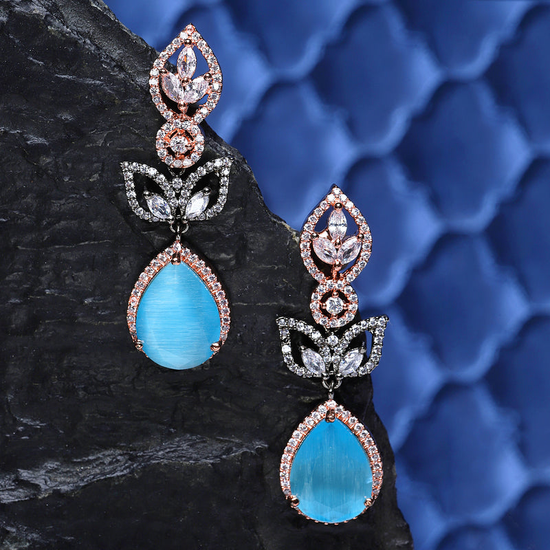 Rose Gold-Plated Gunmetal Toned Sky Blue American Diamond studded Teardrop & Leaf Shaped Drop Earrings