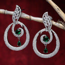 Rhodium-Plated Green & White American Diamond studded Oval Shaped Drop Earrings