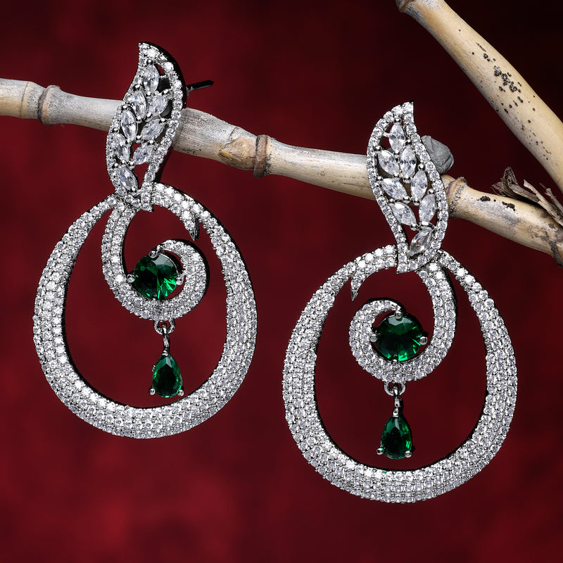 Rhodium-Plated Green & White American Diamond studded Oval Shaped Drop Earrings