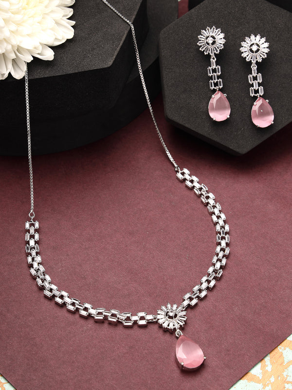 Rhodium Plated with Classy Design & Pink American Diamond Studded Necklace Set