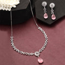 Rhodium Plated Silver Toned Teardrop Shaped Pink American Diamond Studded Necklace Set