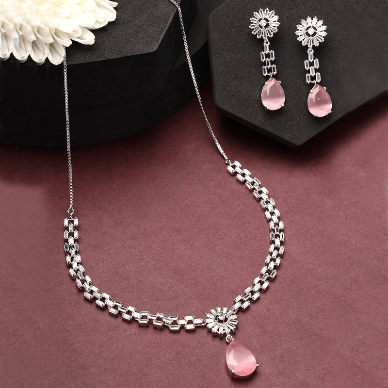 Rhodium Plated Silver Toned Teardrop Shaped Pink American Diamond Studded Necklace Set