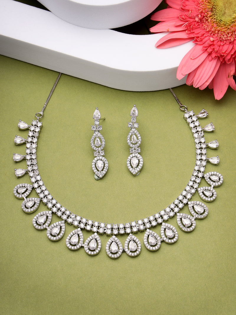 Rhodium Plated with White American Diamond Studded Tear Drop Shaped Necklace Set