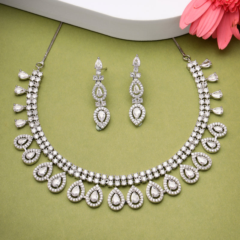 Rhodium Plated Silver Toned White American Diamond Studded Tear Drop Shaped Jewellery Set