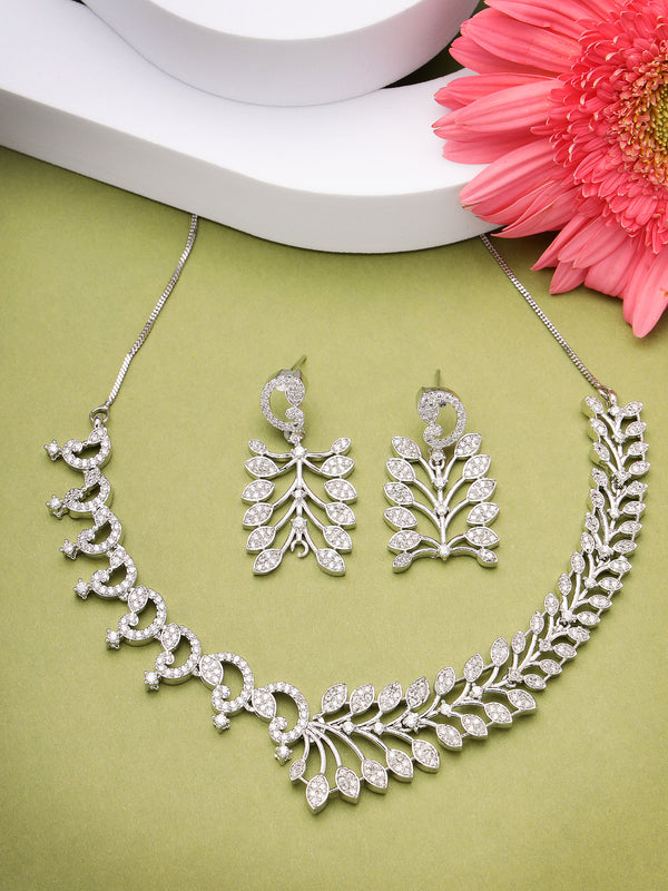 Rhodium Plated with Delicate Leaf Vine Design & White American Diamond Studded Necklace Set