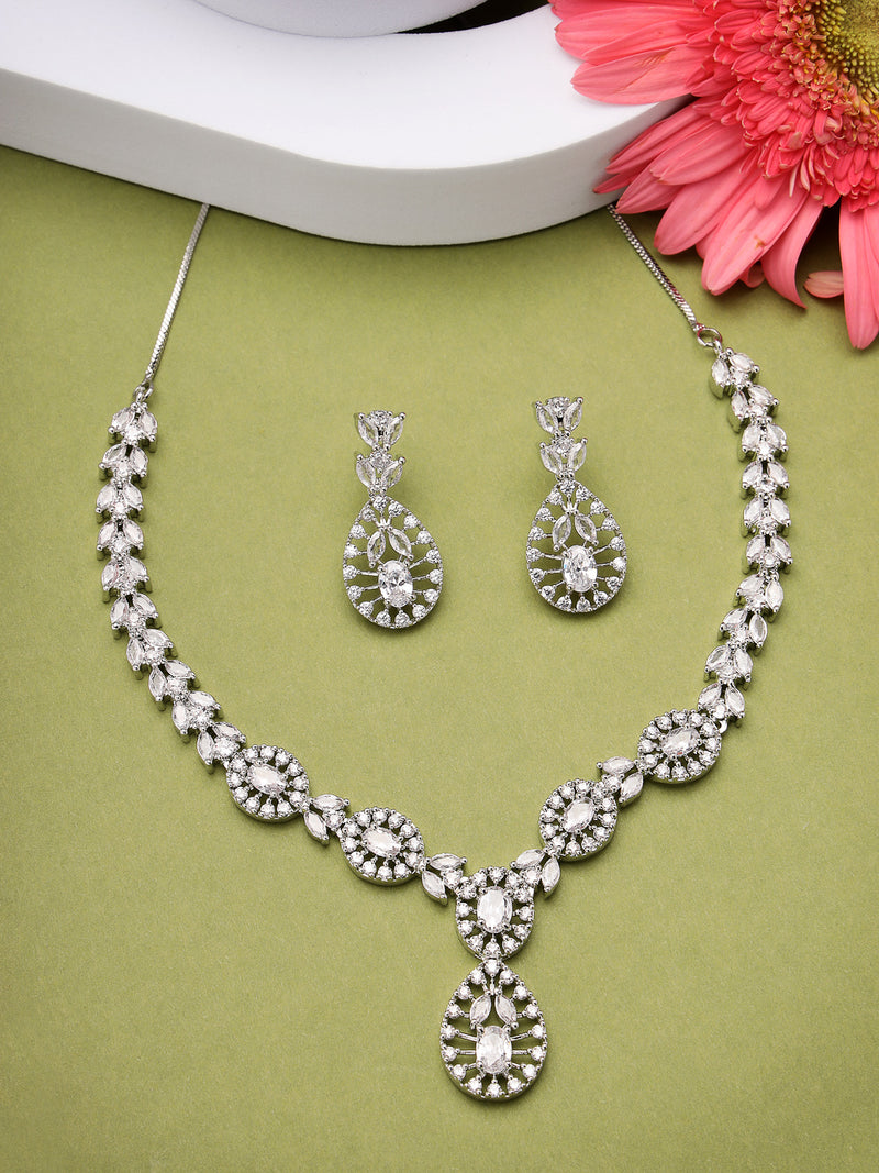 Rhodium Plated with White American Diamond Floral Drop Necklace Set