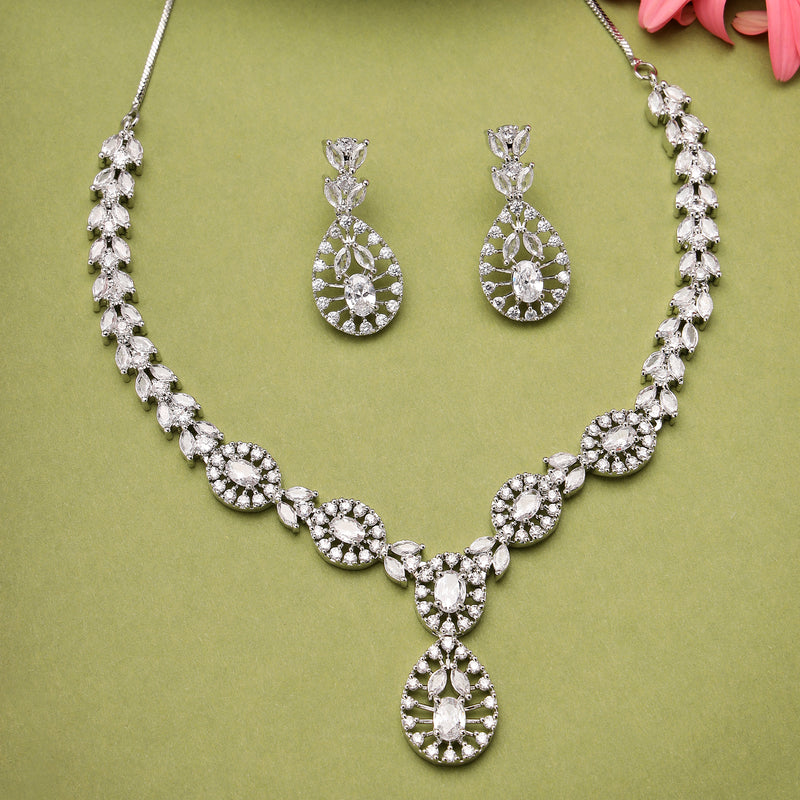 Rhodium Plated Silver Toned White American Diamond Jewellery Set
