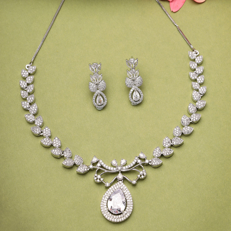 Rhodium Plated Silver Toned Teardrop American Diamond Jewellery Set
