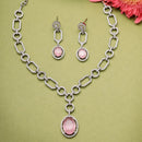 Rhodium Plated with Pink American Diamond Studded Jewellery Set