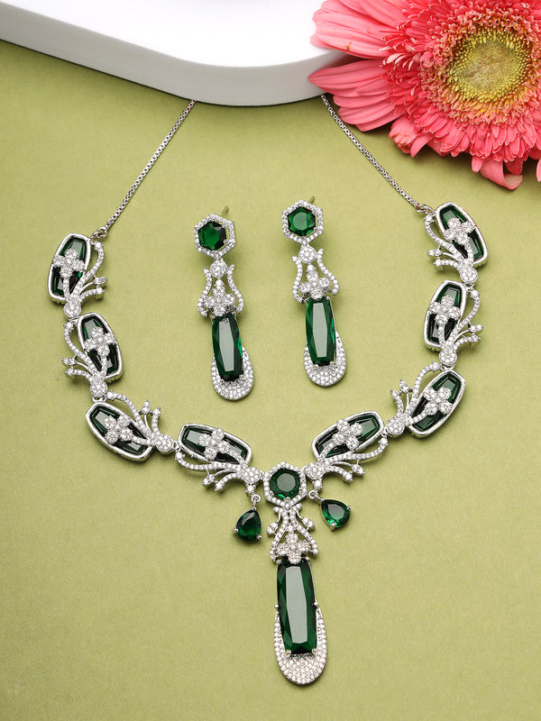 Rhodium Plated with Elegant Green American Diamond Studded Necklace Set